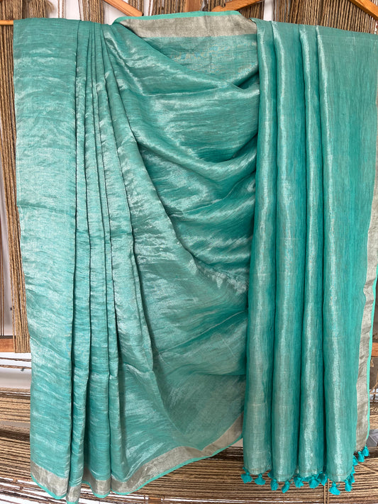 Cyan Blue Metallic linen Sari with Silver woven  Border and Tassels