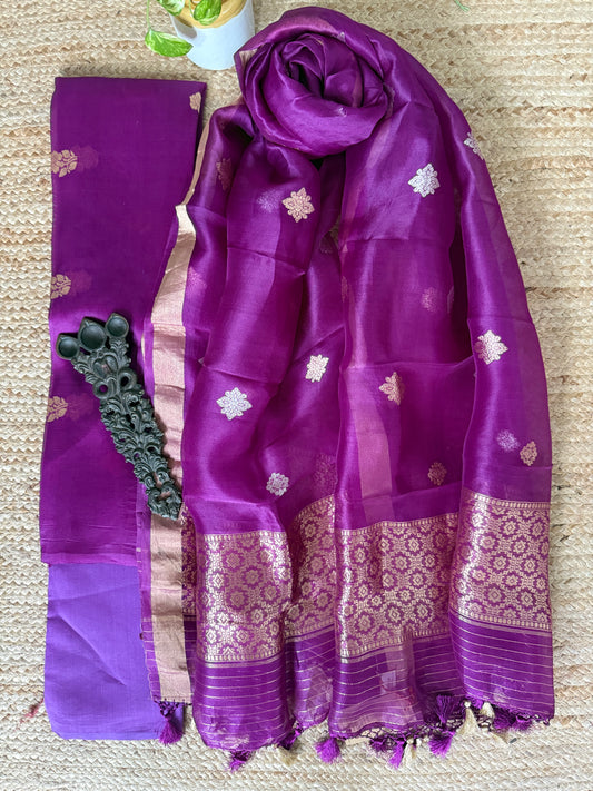 Violet purple kora silk certified handloom banarsi kadwa booti three piece suit   cbs-58