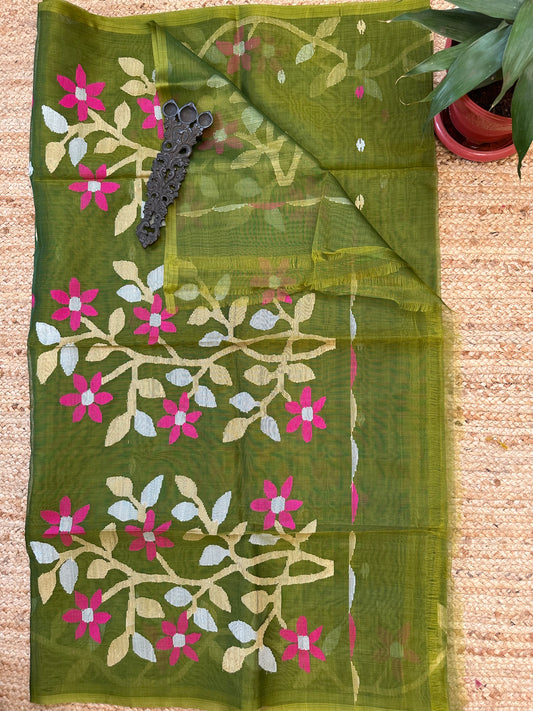 MEHENDI GREEN HANDWOVEN PURE MUSLIN SILK SARI