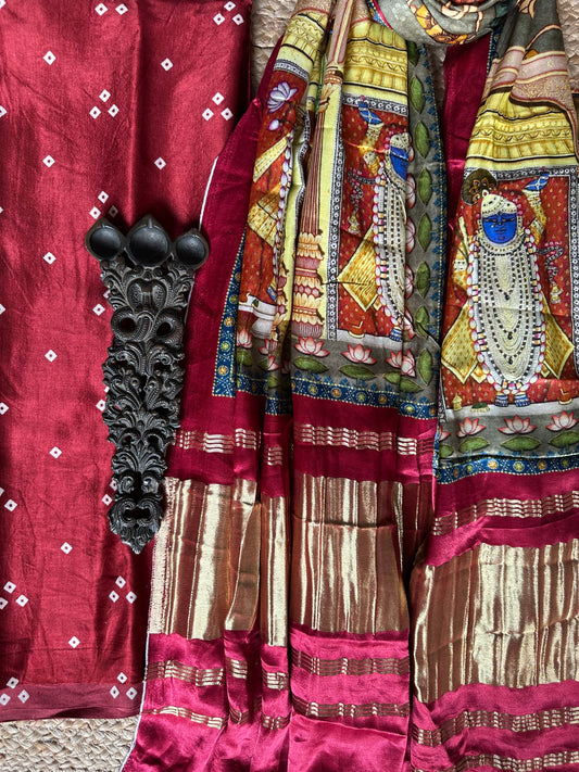 MAROON THREE DOTS MASHRU SILK KURTA WITH PATOLA HANDCRAFTED MODAL SILK DUPATTA PS-205
