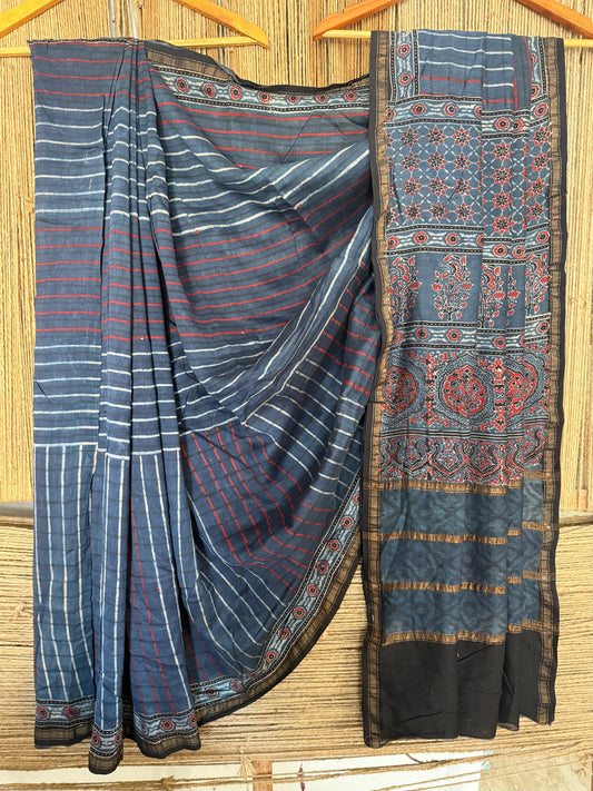 INDIGO BLUE CHANDERI SILK AJRAKH SARI