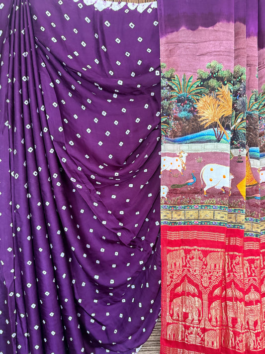 Purple modal silkbandhani  handcrafted with pichwai print sari in nakshi elephant  border  bps 25