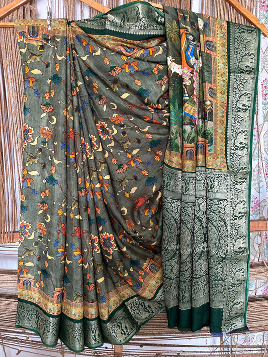 MEHENDI GREEN DOLA SILK PICHWAI PRINT ZARI BORDER SARI