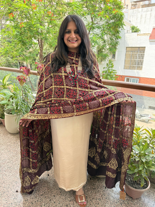 IVORY BROWN SOLID MODAL SILK SUIT WITH AJRAKH  GHARCHOLA HANDCRAFTED MODAL SILK DUPATTA
