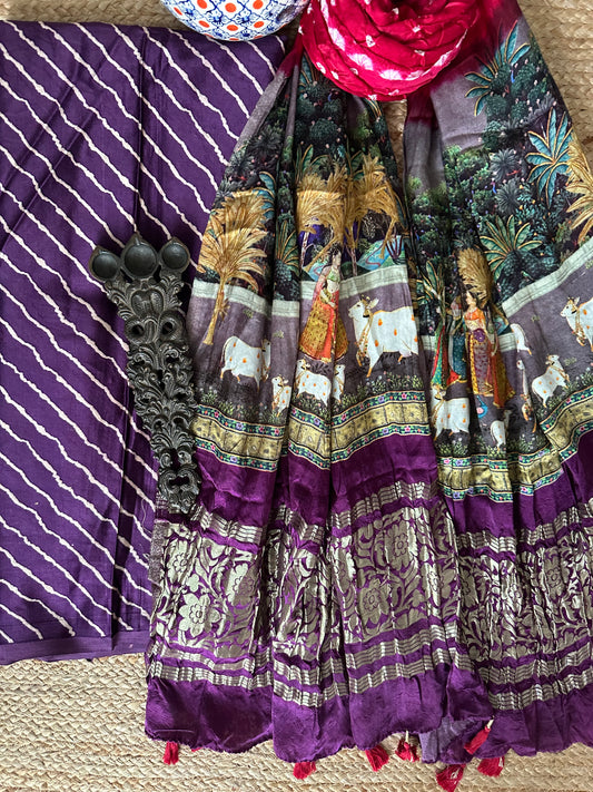 PURPLE LEHERIYA  MASHRU SILK KURTA WITH BANDHANI PICHWAI HANDCRAFTED  MODAL SILK DUPATTAS PS- 10193