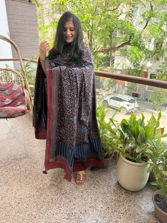 Maroon ajrakh contemporary cotton handblock kurta set