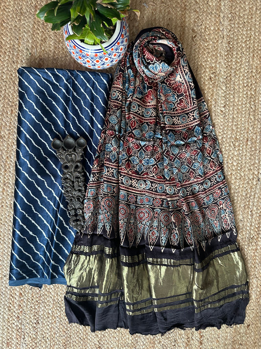 BLUE MASHRU SILK KURTA WITH AJRAKH HANDCRAFTED MODAL SILK DUPATTA MAK -6
