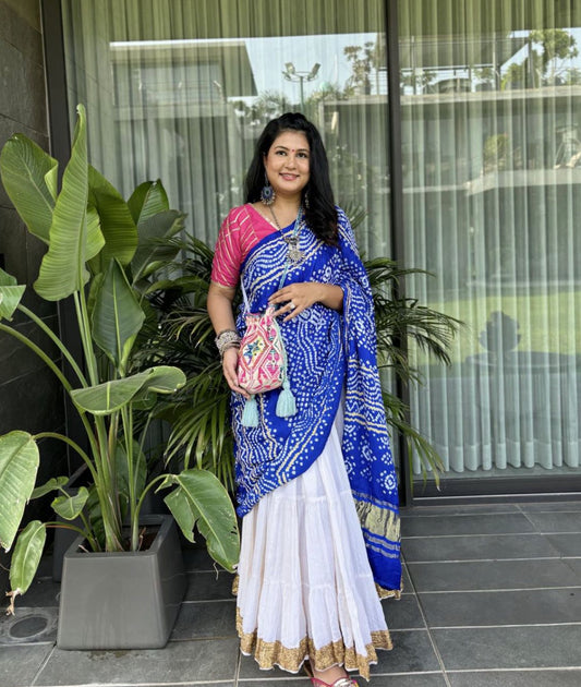 ROYAL BLUE CHANDMUKHI GAJJI SILK HANDWOVEN AJRAKH DUPATTA