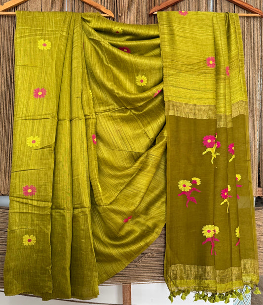 Mustard Yellow jamdani handwoven pure Matka  silk certified sari