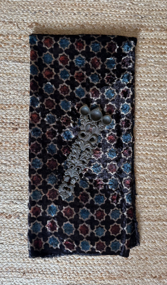 BLACK  AJRAKH VELVET SILK UN STITCHED BLOUSE PIECE