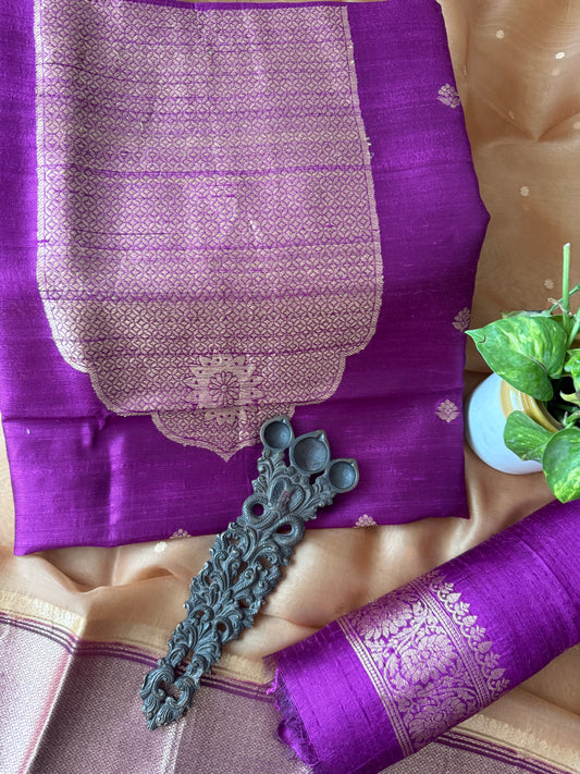 MAGENTA PURPLE RAW SILK CERTIFIED HANDLOOM BANARSI KADWA BUTTI WITH WOVEN ZARI THREE PIECE SUIT