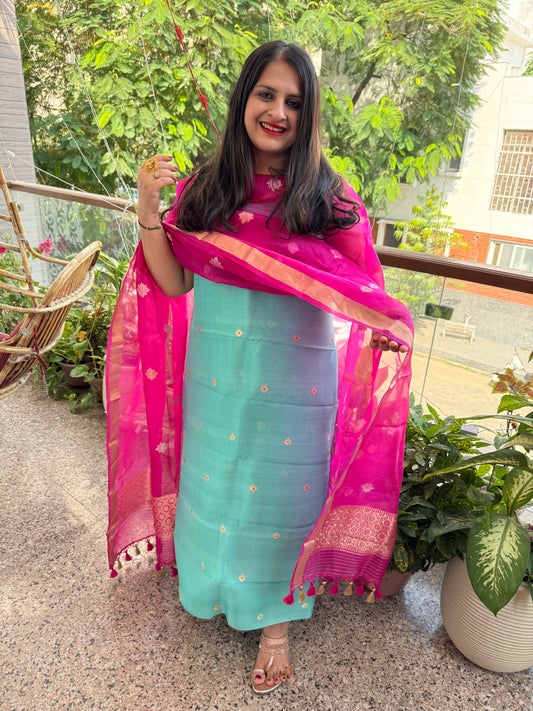 Turquoise Blue Kora silk certified handloom Banarsi kadwa Booti three piece suit