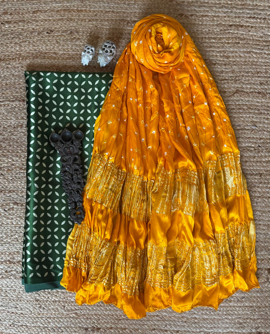 Green mashru silk kurta with bandhani  handcrafted  modal silk dupattas ps- 31