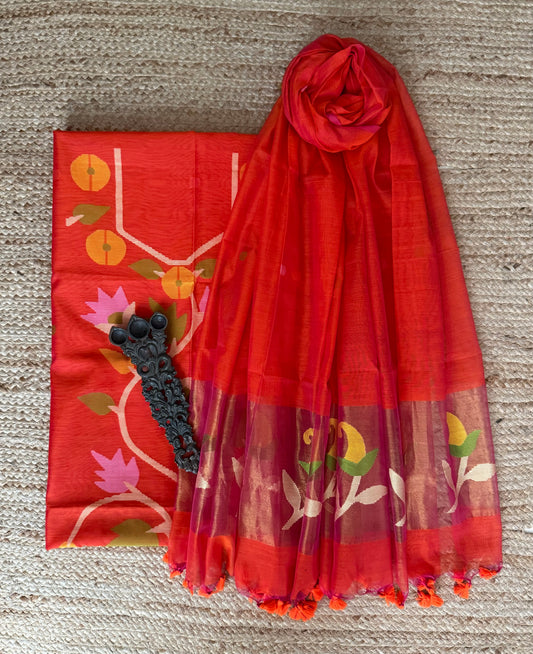 Vermillion Orange handwoven jamdani pure cotton silk kurta set mjk-