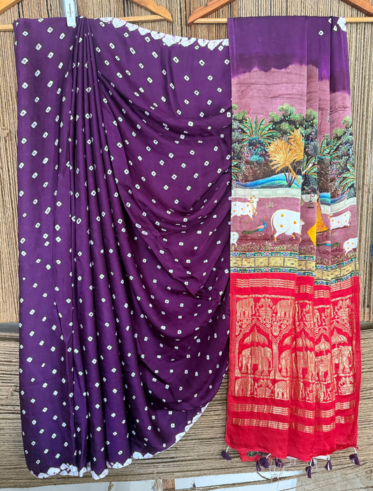 Purple modal silkbandhani  handcrafted with pichwai print sari in nakshi elephant  border  bps 25