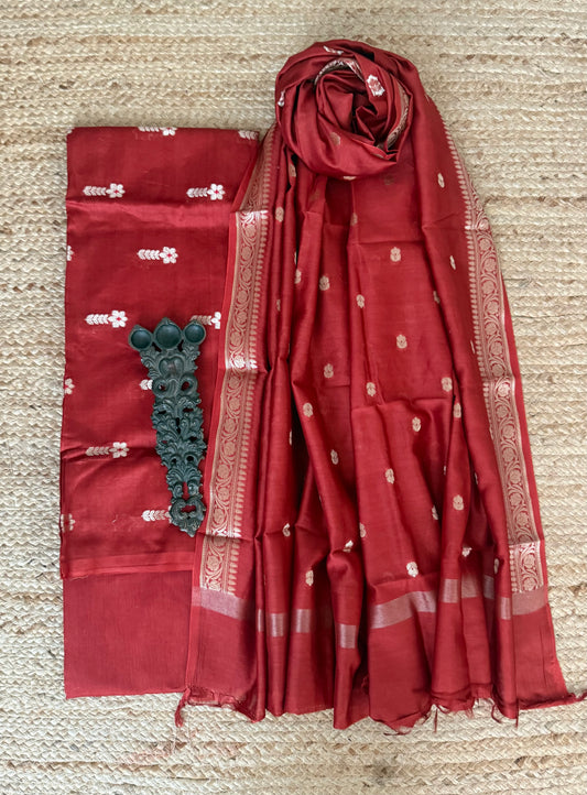 Mars Maroon Chanderi handloom  banarsi booti three piece suit