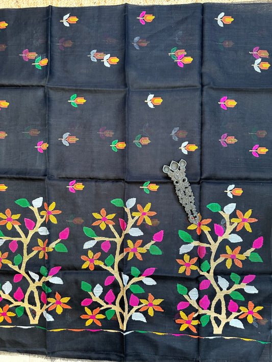 Black handwoven PURE MUSLIN SILK SARI