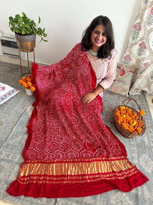 RED CHANDMUKHI RAI BANDHANI GAJJI SILK HANDWOVEN  DUPATTA