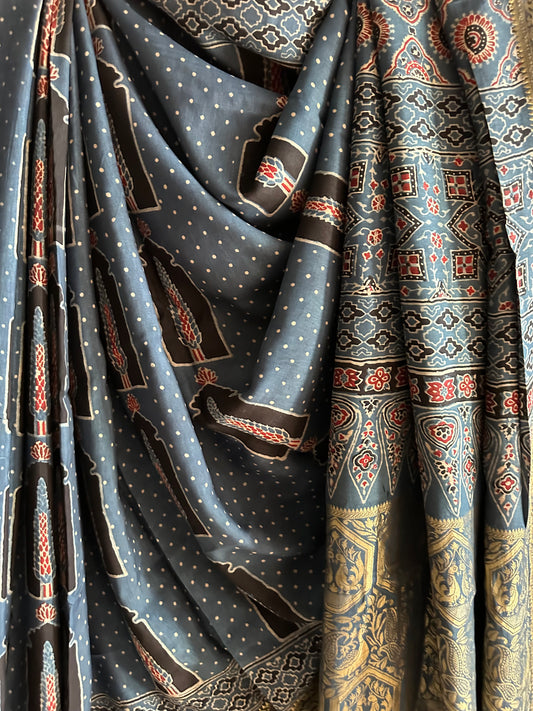 INDIGO BLACK DOLA  SILK AJRAKH ZARI BORDER SARI