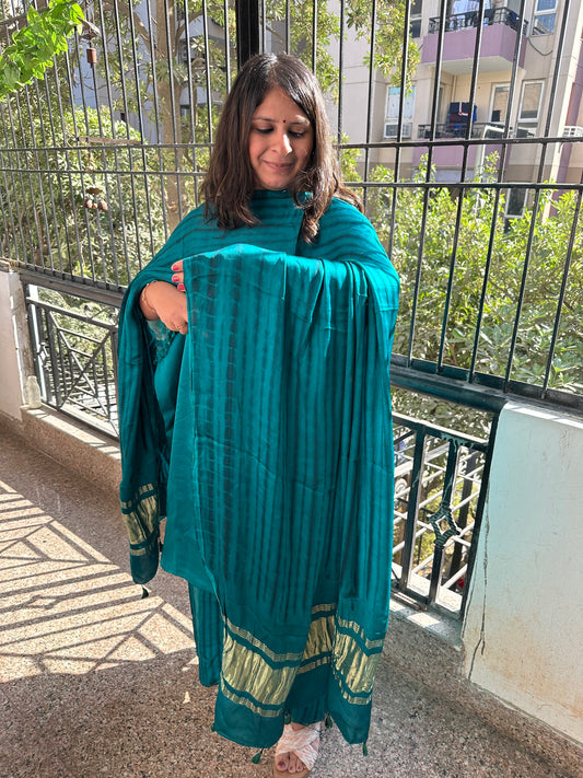 Dark Cyan Green Modal  Silk Shibori  Kurta with Shibori  handcrafted Modal Silk Dupatta SMS 103