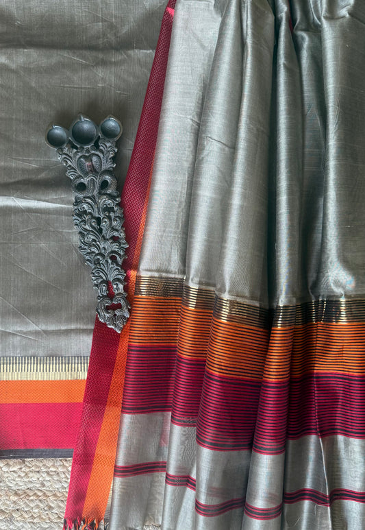 GREY MAHESHARI BORDER SILK HANDLOOM KURTA SET