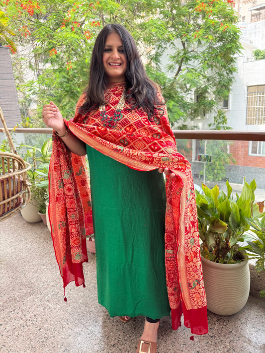 Red shade Handwoven Bareek Bandhani Meena kari Jaal   in Premium Georgette kurta Set with Bottle Green Gajji dupatta