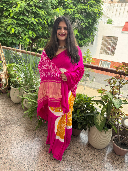 PINK & YELLOW GAJJI SILK RAI BANDHANI CHAKRA THEME GAJJI SARI  BS- 205