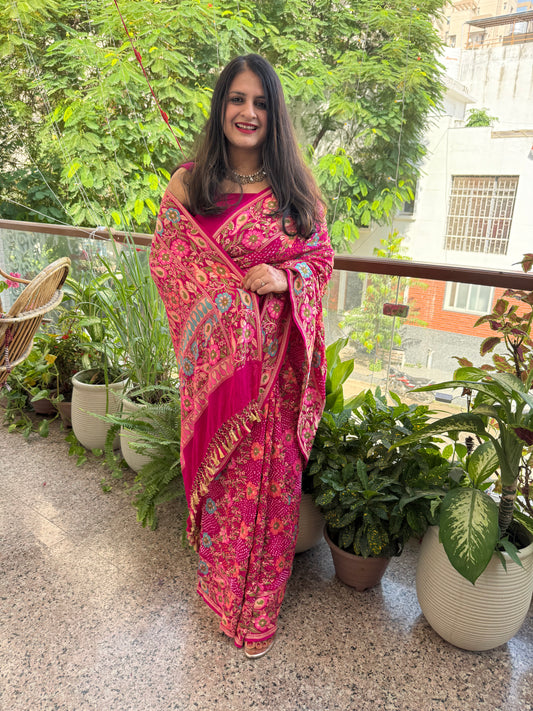PINK Handwoven Rai  Bareek Bandhani Saree Meenakari Jaal with Khaddi Georgette  Mks-2