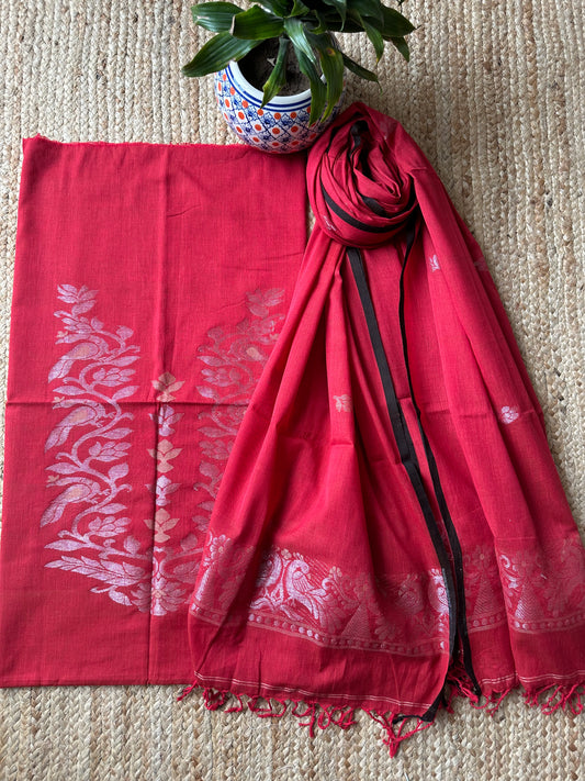 RED JAMDANI WOVEN MULL KURTA SET