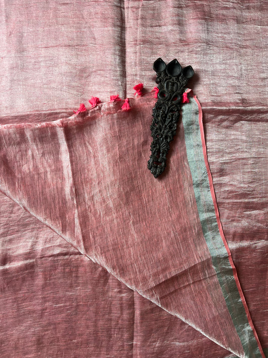 Peach Pink Metallic linen Sari with Silver woven  Border and Tassels