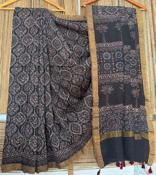 BLACK NATURAL DYE HANDCRAFTED HANDBLOCK AJRAKH LINEN SILK SARI