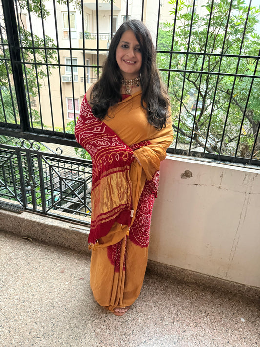 Golden  & MAROON GAJJI SILK RAI BANDHANI CHAKRA THEME GAJJI SARI  BS- 206