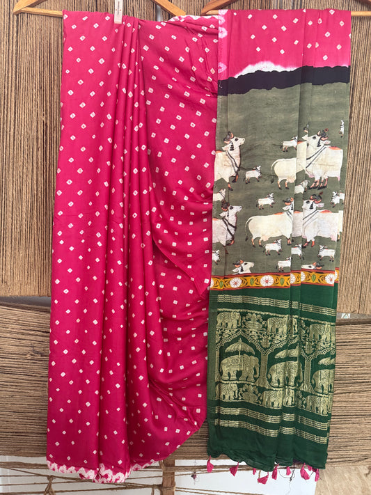 PINK & GREEN MODAL SILK BANDHANI  SARI WITH PICHWAI PRINT BPS 42