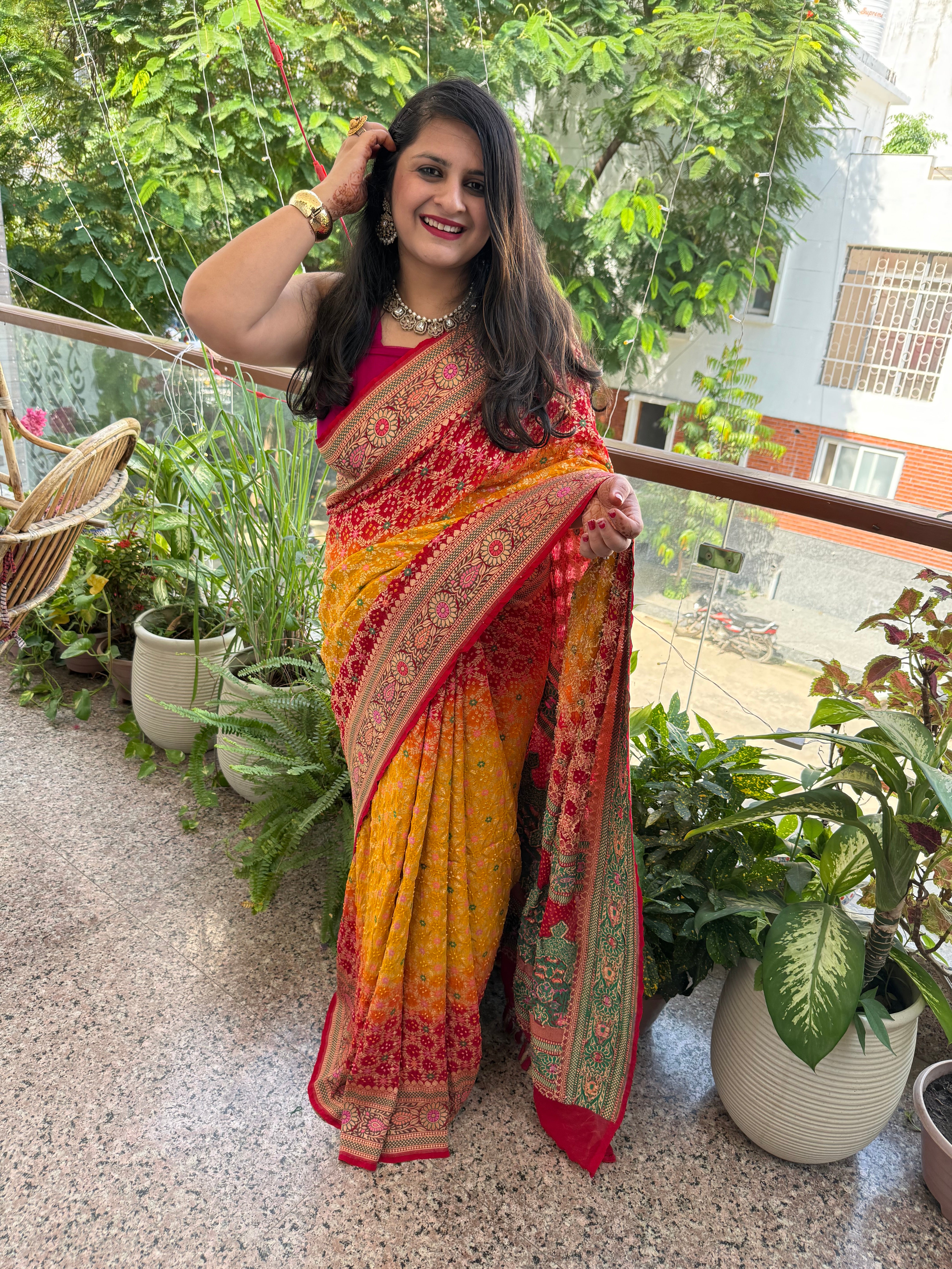 Red & Yellow dual shade Handwoven Rai Bareek Bandhani Saree Meenakari ...