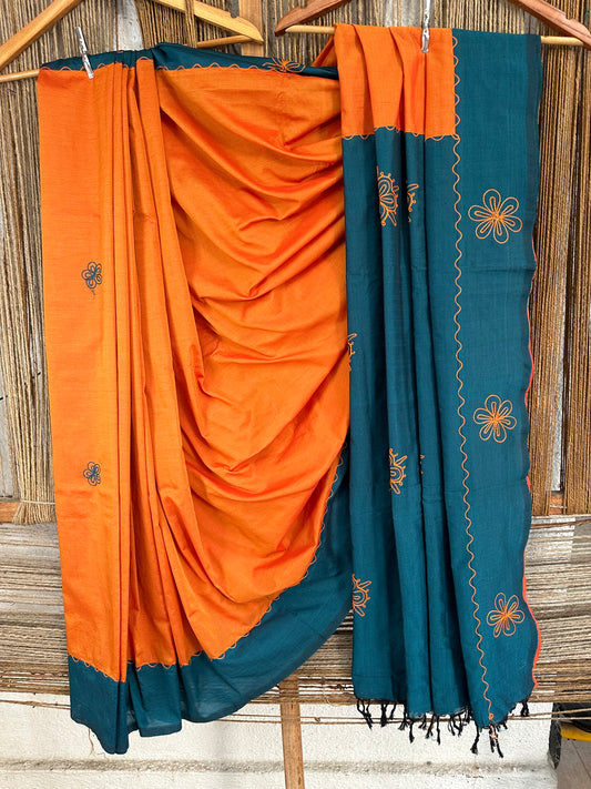 BEAUTIFUL BROWN & TEAL COLOURS SILK COTTON SAREE