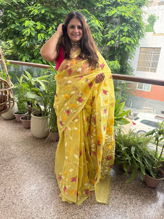 Yriel Yellow Jaal jamdani handwoven pure muslin silk sari  mjs-6