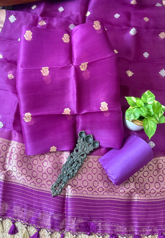 Thistle Purple kora silk certified handloom banarsi kadwa booti three piece suit   cbs-58
