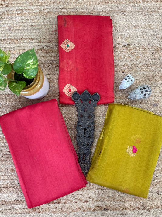 Coral Pink kora silk certified handloom banarsi kadwa booti meenakari three piece suit