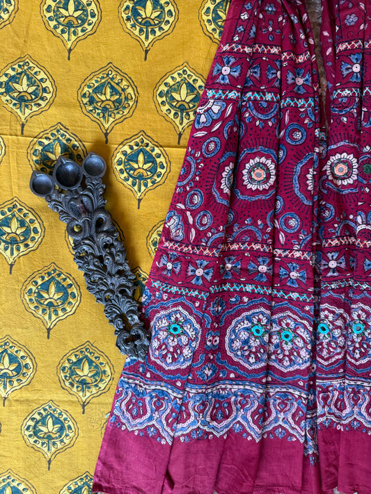 MUSTARD YELLOW AJRAKH HANDBLOCK AND HAND EMBROIDERY KURTA WITH  AJRAKH HAND EMBROIDERY DUPATTA