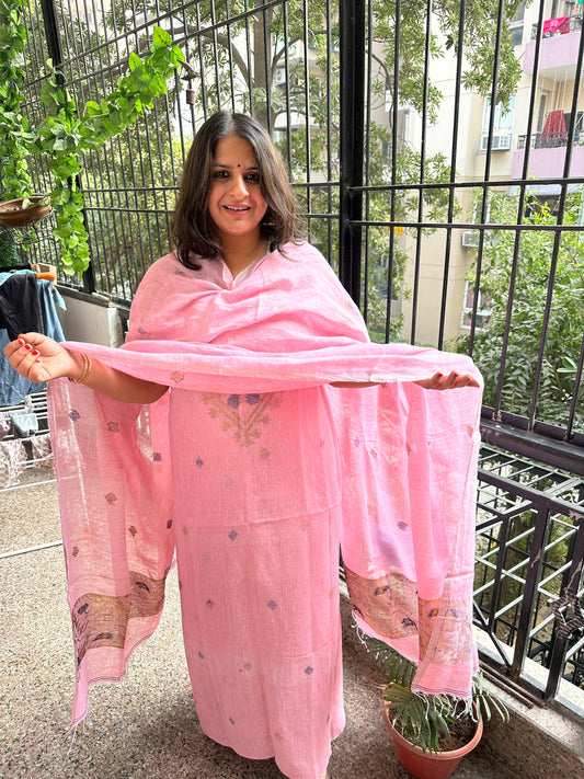 PINK WOVEN LINEN  KURTA SET