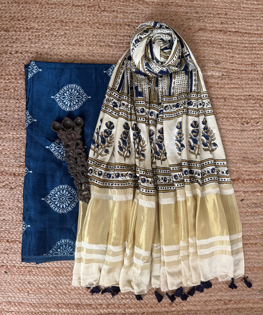 Blue Mashru Silk Kurta With Beige Ajrakh Handcrafted Modal Silk Dupatta