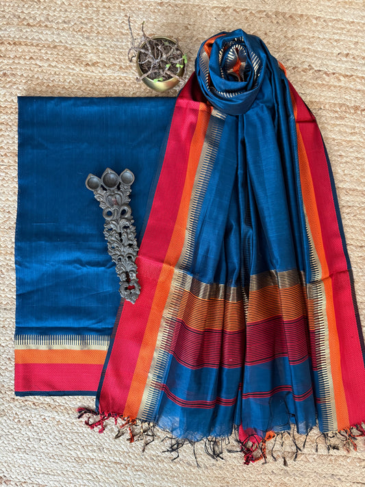 PEACOCK BLUE MAHESHARI BORDER SILK HANDLOOM KURTA SET