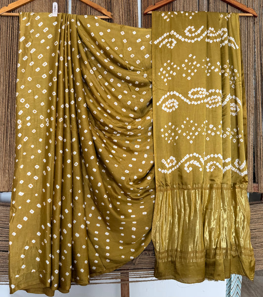 Olive Green modal  silk dot bandhani sari