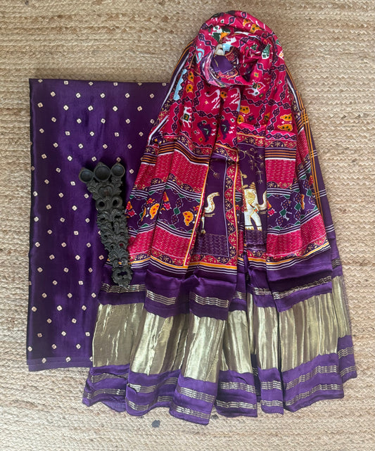 Purple mashru silk kurta with patola handcrafted modal silk dupatta