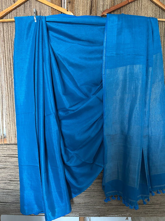 BLUE SILVER TISSUE LINEN ZARI SARI WITH WOVEN RED BORDER