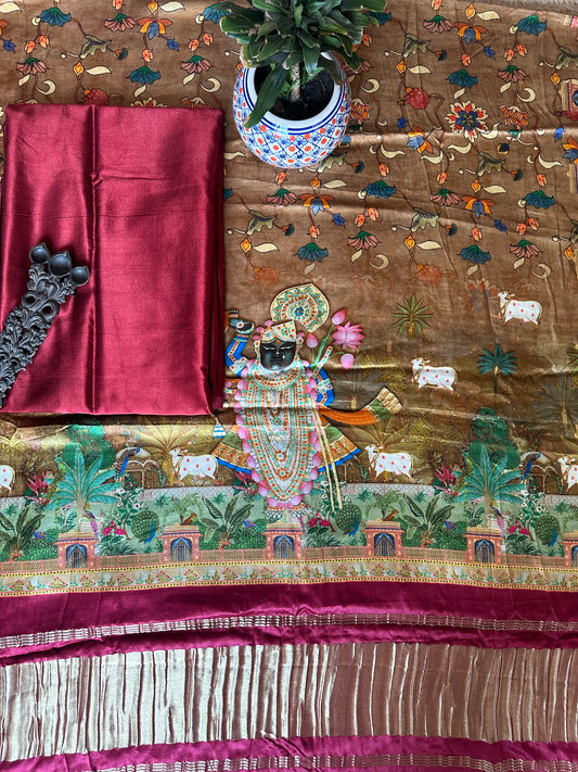 MAROON MASHRU  PATOLA PICHWAI MASHRU  SILK KURTA WITH  HANDCRAFTED MODAL SILK DUPATTA