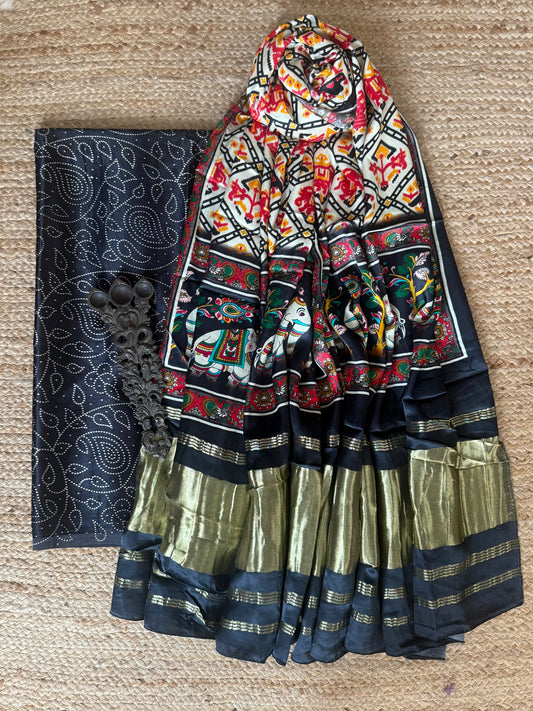 Black jaal mashru silk kurta with patola handcrafted modal silk dupatta