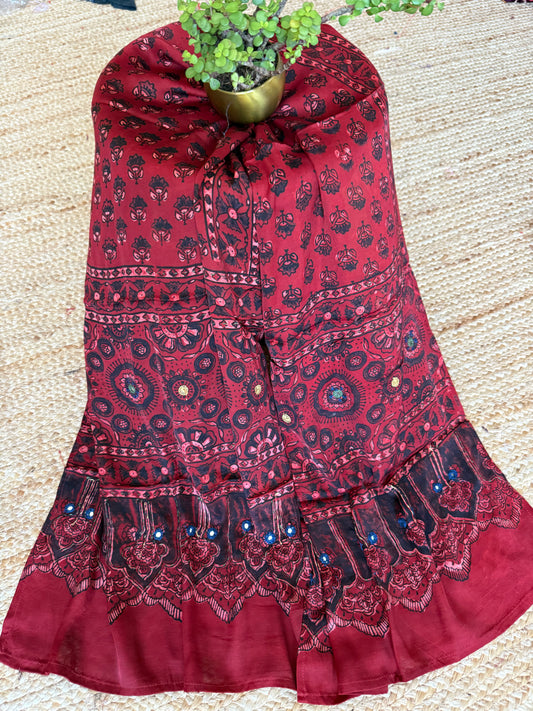 MAROON AJRAKH MODAL SILK STOLE WITH HAND EMBROIDERY MIRROR WORK