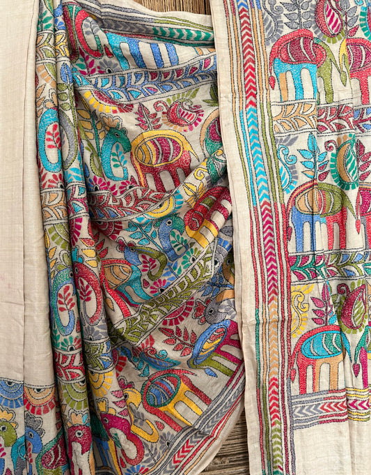 NATURAL BEIGE WITH MULTI THREAD HAND EMBROIDERY KANTHA WORK TUSSAR SILK SARI