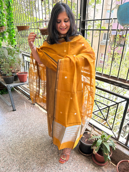 GOLDEN MUSTARD TISSUE  MAHESHARI SILK HANDLOOM KURTA SET